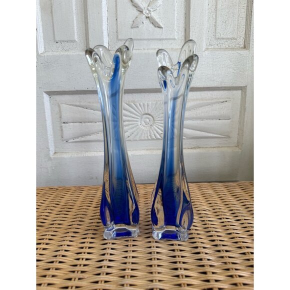 Vintage MCM Pair Clear Art Glass Cobalt Blue Swung Vases 10" - Picture 6 of 8